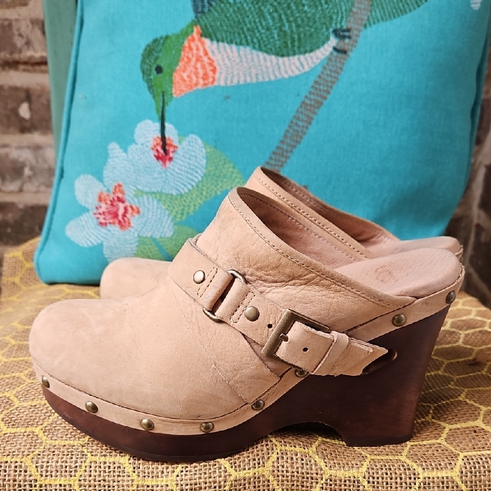 UGG Natalee Tan Leather Mules with Wooden Block Heel Fall Winter Size7 European
